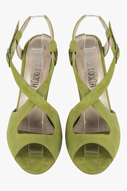 Pistachio green women's open back sandals, with crossed straps. Round toe. High kitten heels. Top view - Florence KOOIJMAN